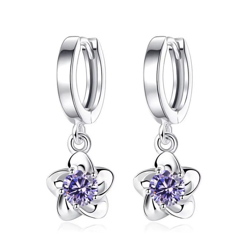 Vintage Flower Crystal Hoop Earring Women 925 Sterling Silver Pink Cherry Blossoms Drop Earring Wedding Statement Earring
