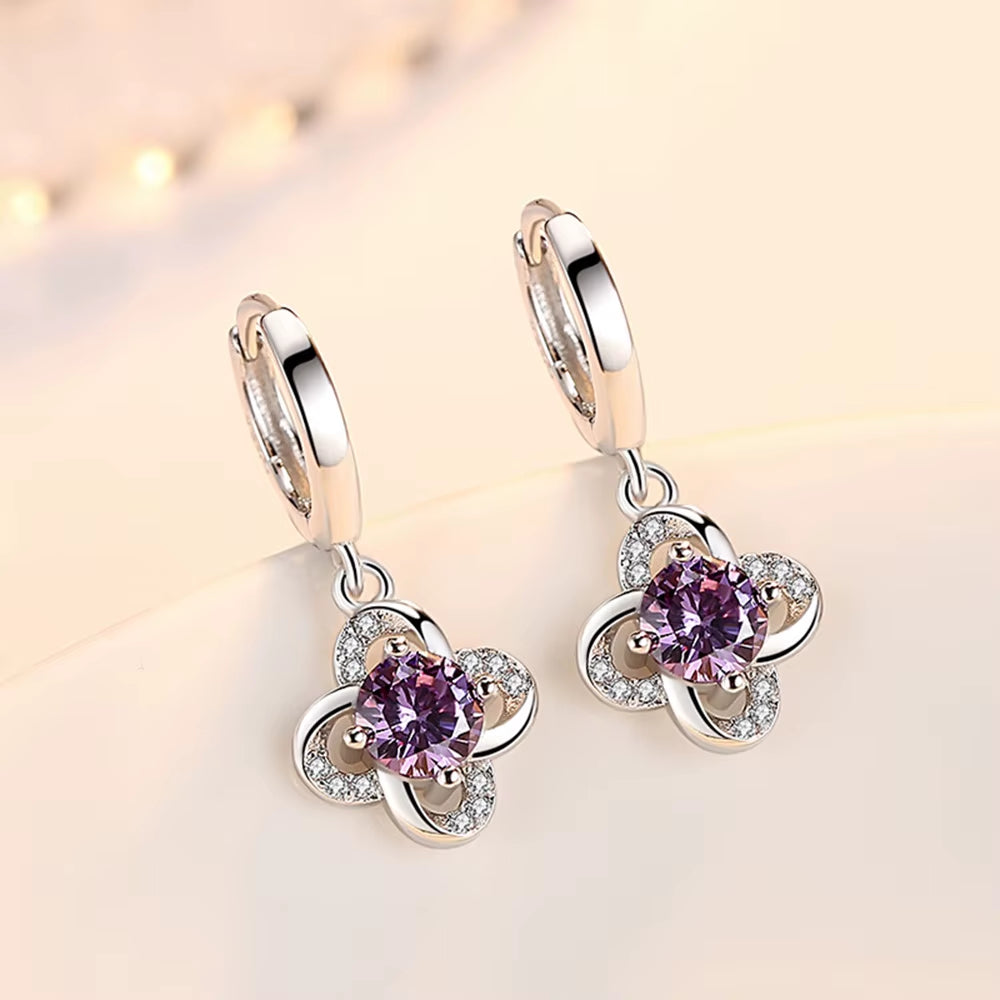 Vintage Flower Crystal Hoop Earring Women 925 Sterling Silver Pink Cherry Blossoms Drop Earring Wedding Statement Earring