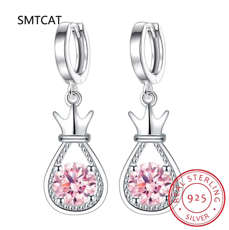 Vintage Flower Crystal Hoop Earring Women 925 Sterling Silver Pink Cherry Blossoms Drop Earring Wedding Statement Earring