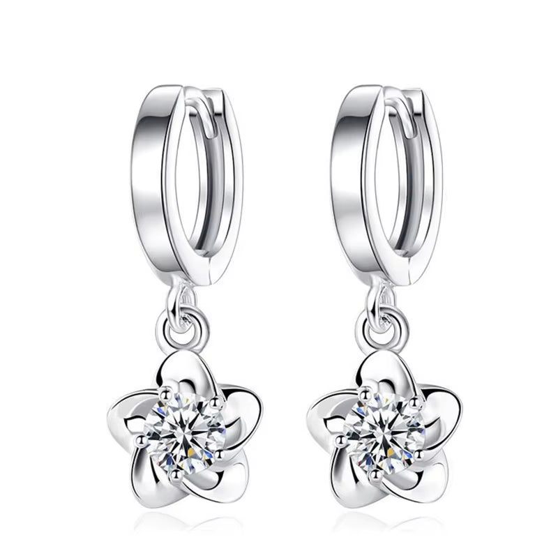 Vintage Flower Crystal Hoop Earring Women 925 Sterling Silver Pink Cherry Blossoms Drop Earring Wedding Statement Earring