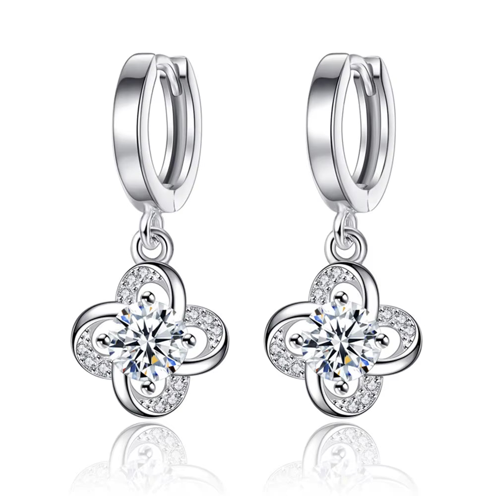 Vintage Flower Crystal Hoop Earring Women 925 Sterling Silver Pink Cherry Blossoms Drop Earring Wedding Statement Earring