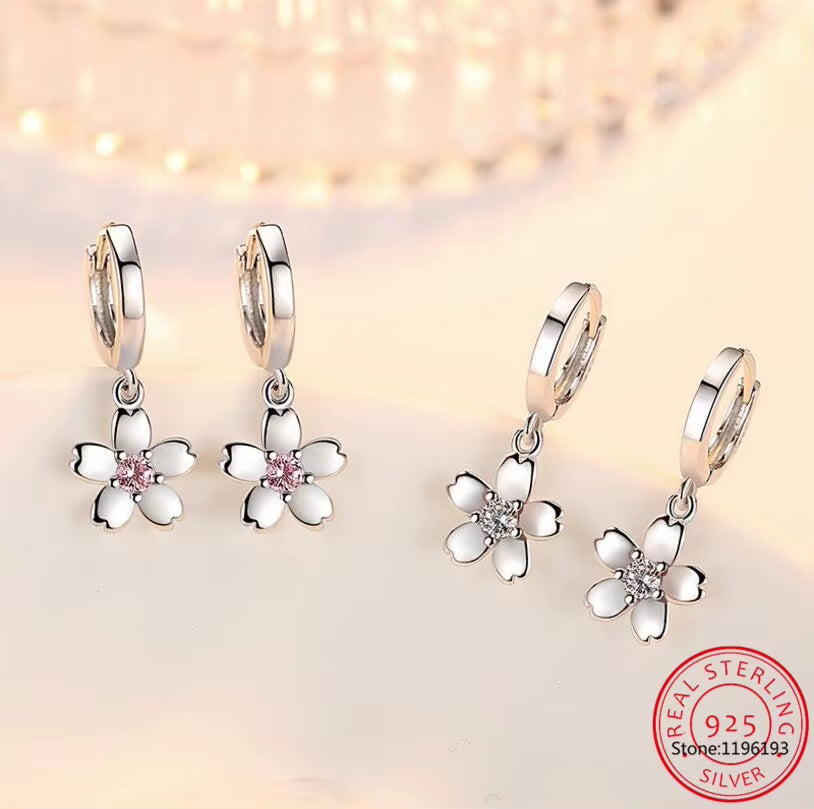 Vintage Flower Crystal Hoop Earring Women 925 Sterling Silver Pink Cherry Blossoms Drop Earring Wedding Statement Earring