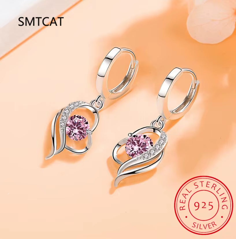 Vintage Flower Crystal Hoop Earring Women 925 Sterling Silver Pink Cherry Blossoms Drop Earring Wedding Statement Earring