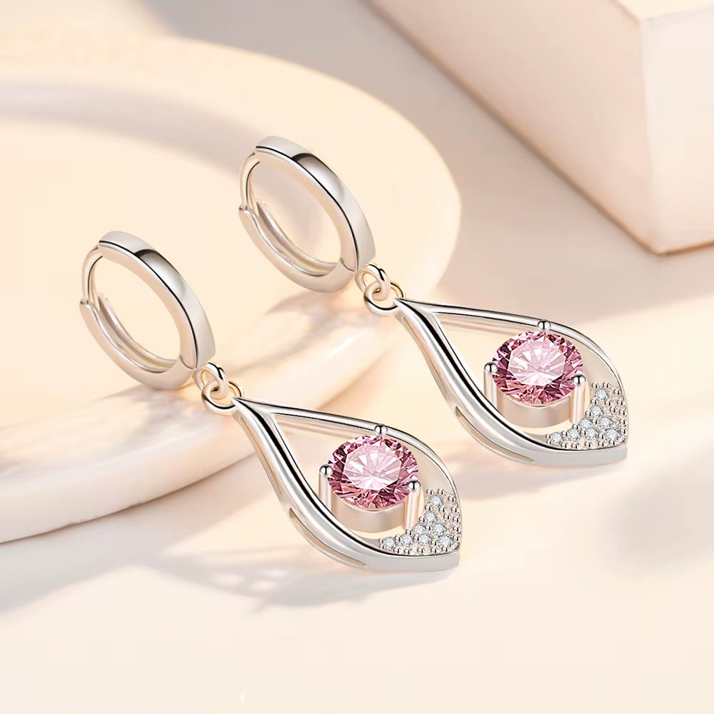 Vintage Flower Crystal Hoop Earring Women 925 Sterling Silver Pink Cherry Blossoms Drop Earring Wedding Statement Earring