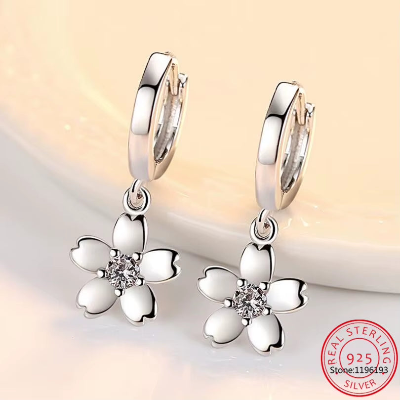 Vintage Flower Crystal Hoop Earring Women 925 Sterling Silver Pink Cherry Blossoms Drop Earring Wedding Statement Earring