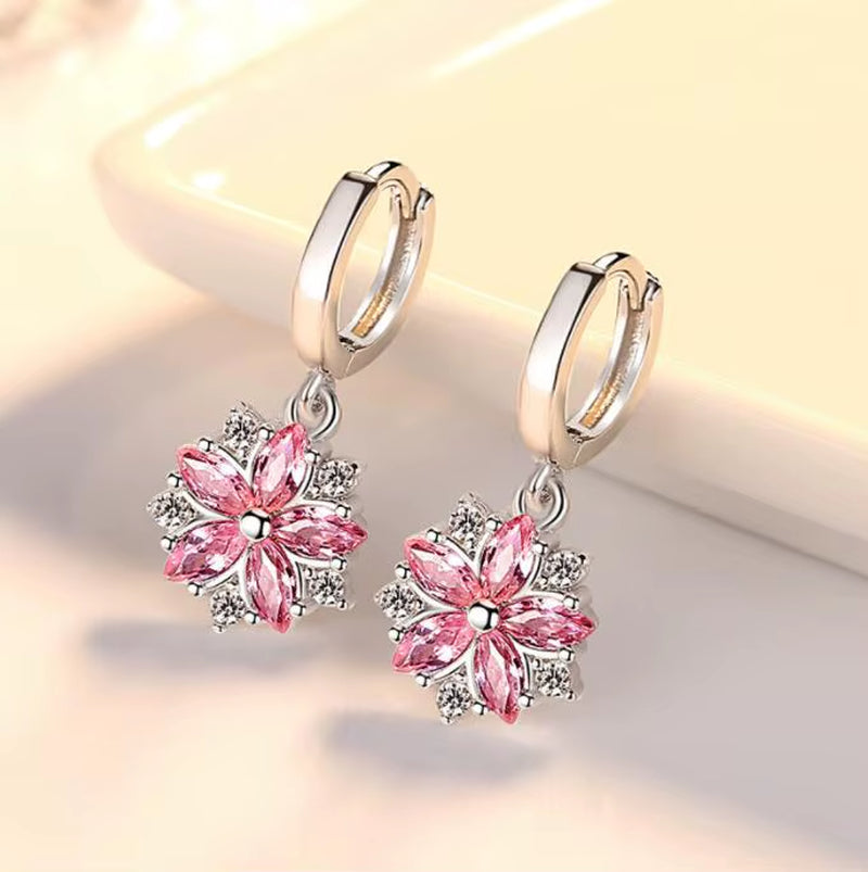 Vintage Flower Crystal Hoop Earring Women 925 Sterling Silver Pink Cherry Blossoms Drop Earring Wedding Statement Earring