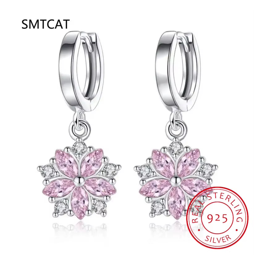 Vintage Flower Crystal Hoop Earring Women 925 Sterling Silver Pink Cherry Blossoms Drop Earring Wedding Statement Earring