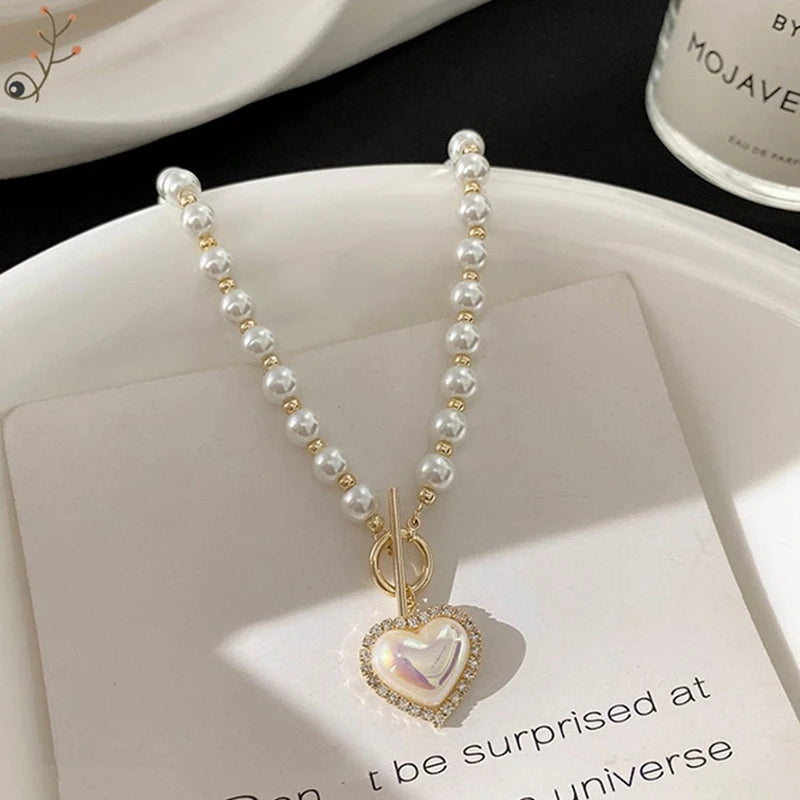 Imitation Pearl Love Necklace Cool and Sweet Simple Gold Pearl Necklace