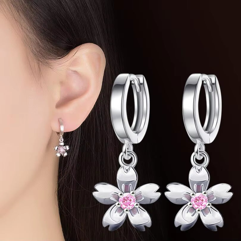 Vintage Flower Crystal Hoop Earring Women 925 Sterling Silver Pink Cherry Blossoms Drop Earring Wedding Statement Earring