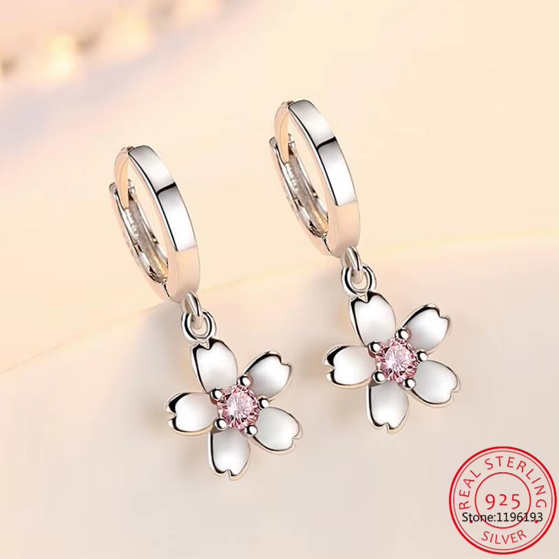 Vintage Flower Crystal Hoop Earring Women 925 Sterling Silver Pink Cherry Blossoms Drop Earring Wedding Statement Earring