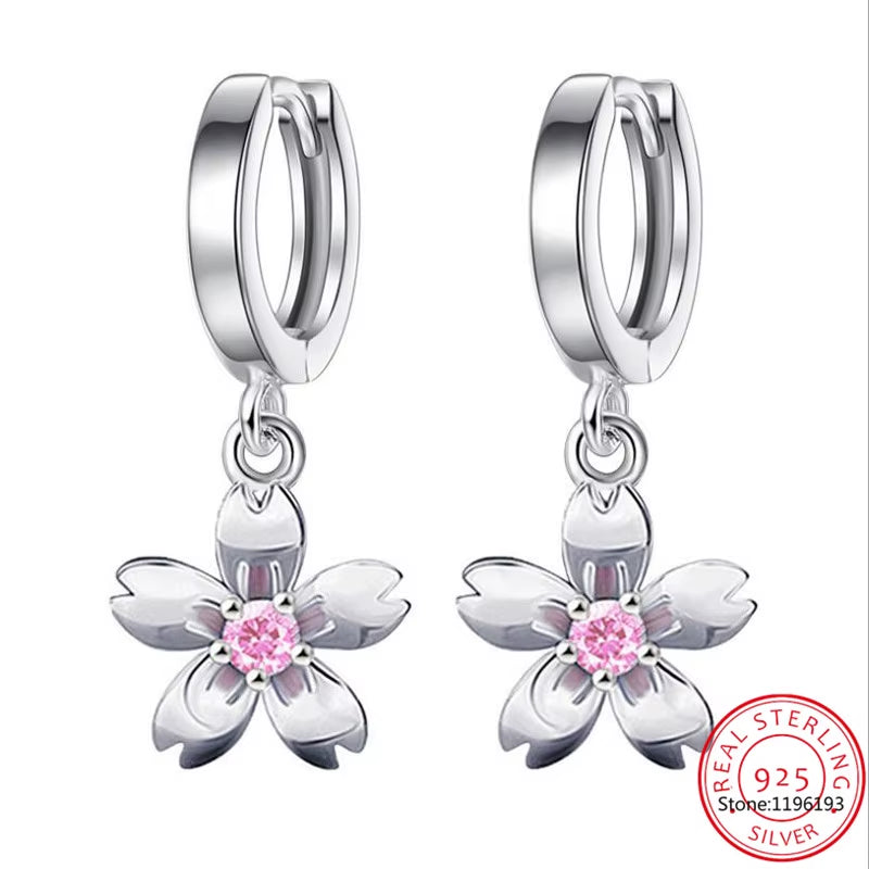 Vintage Flower Crystal Hoop Earring Women 925 Sterling Silver Pink Cherry Blossoms Drop Earring Wedding Statement Earring