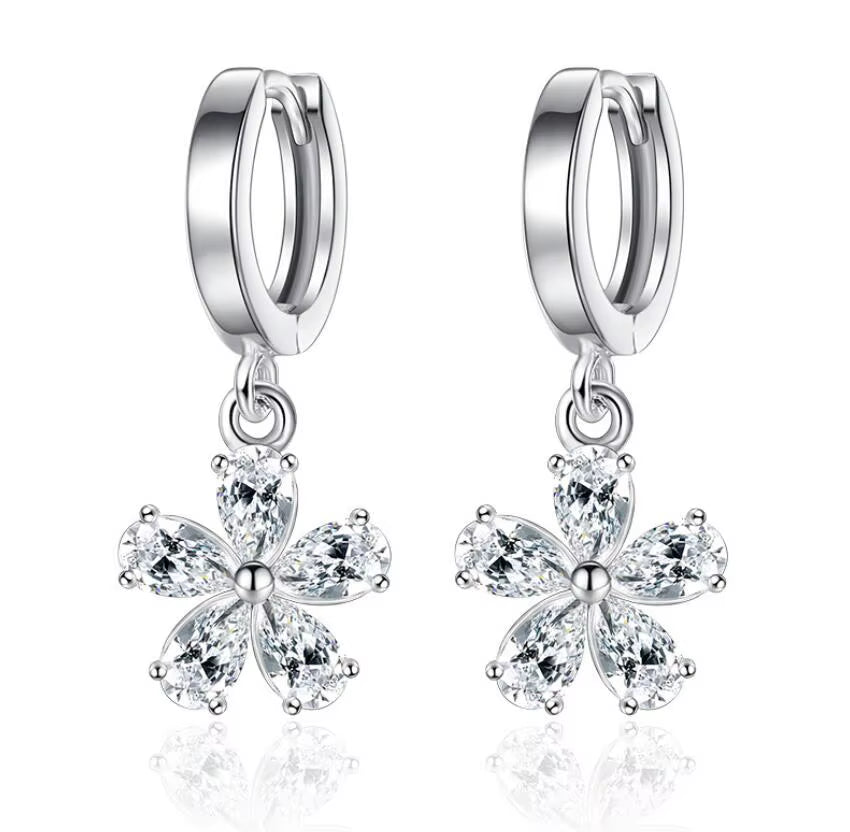 Vintage Flower Crystal Hoop Earring Women 925 Sterling Silver Pink Cherry Blossoms Drop Earring Wedding Statement Earring